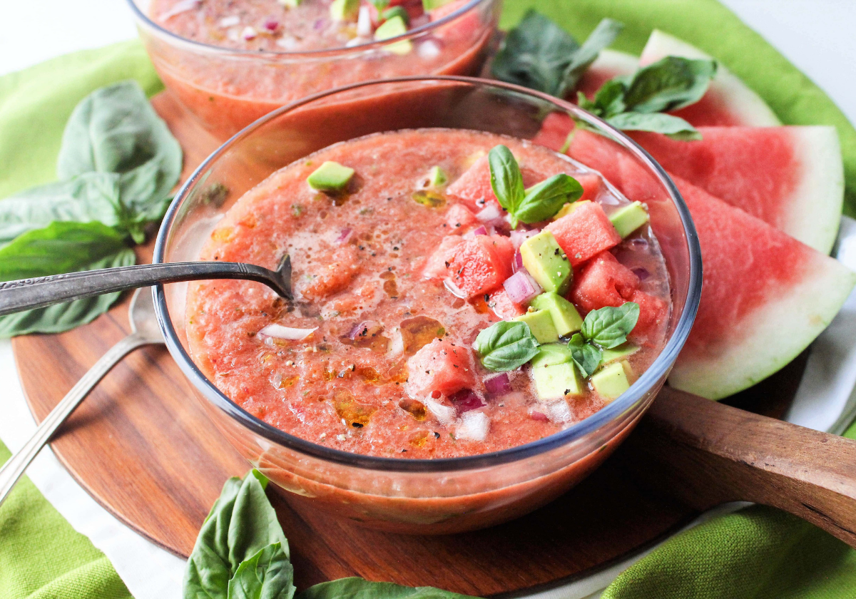 watermelon rind gazpacho in a bowl with diced avocado