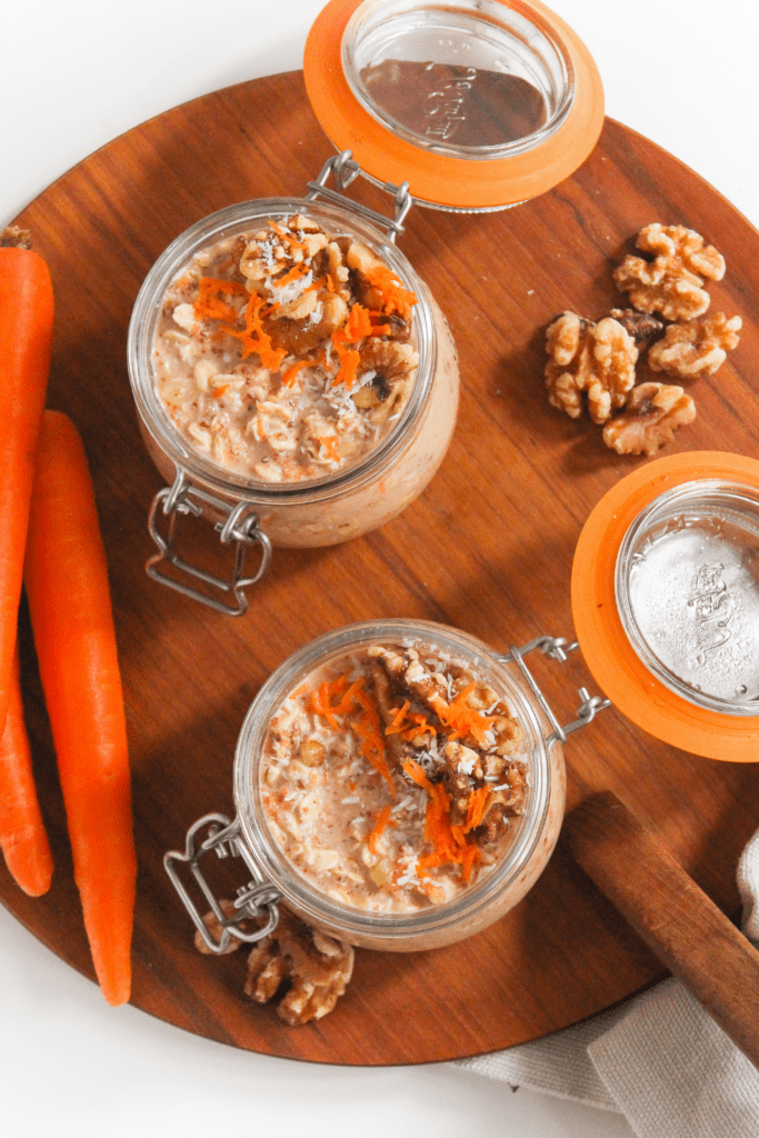 overnight oatmeal in jars with carrots, spices, and walnuts