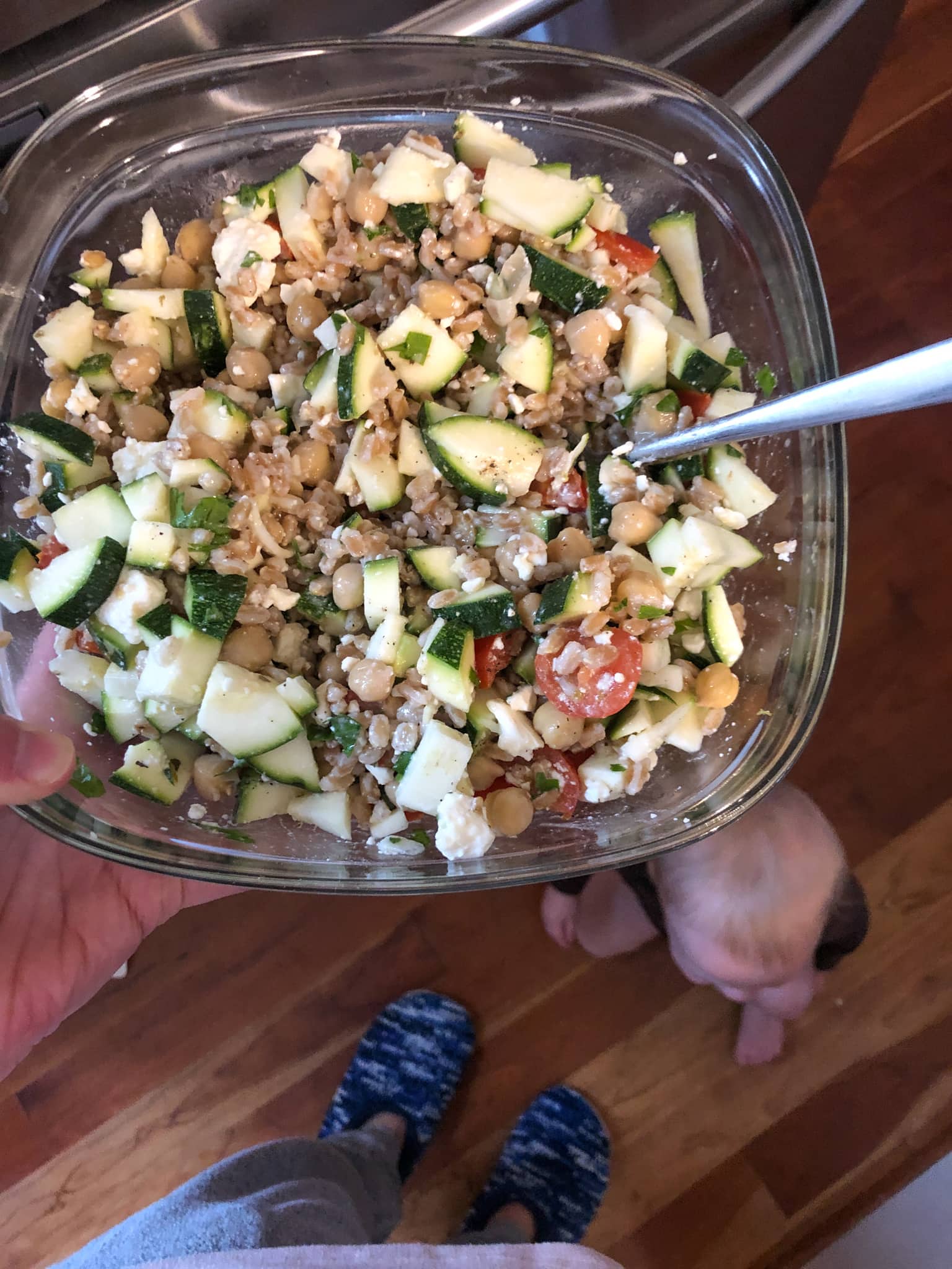 meal prep farro with vegetables, chickpeas, and feta