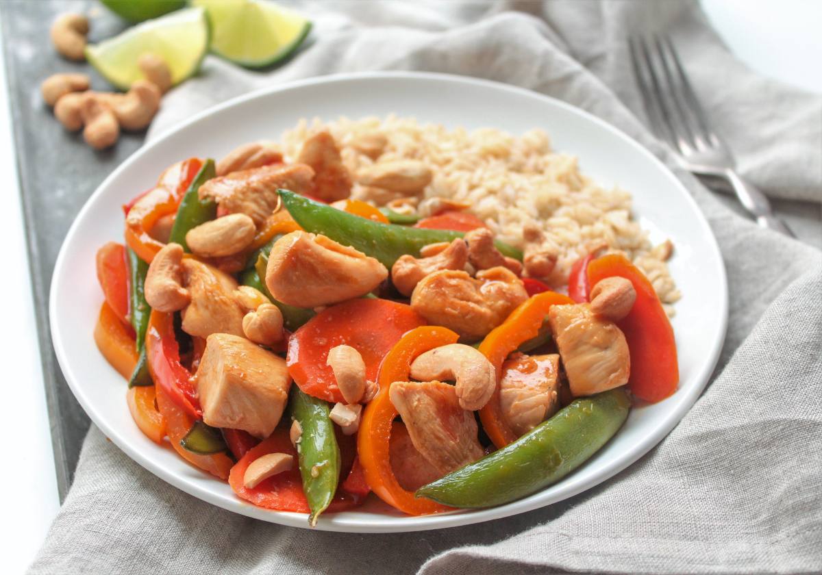 teriyaki chicken with snap peas, carrots, bell peppers, and brown rice