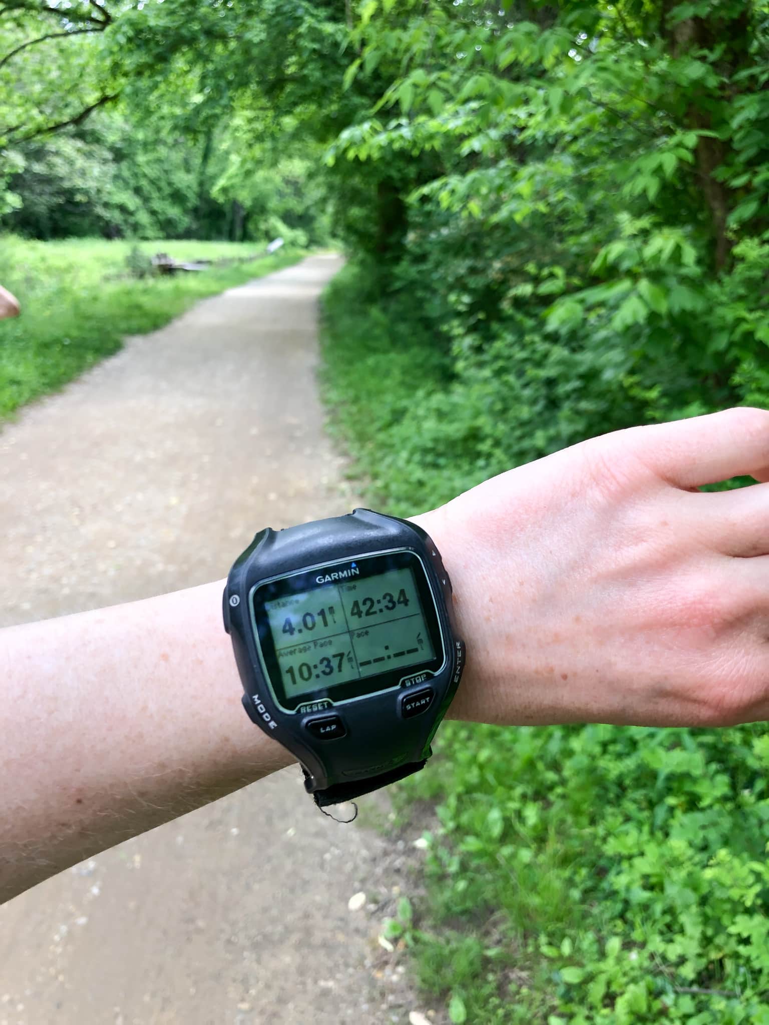 picture of garmin watch with green trail behind.