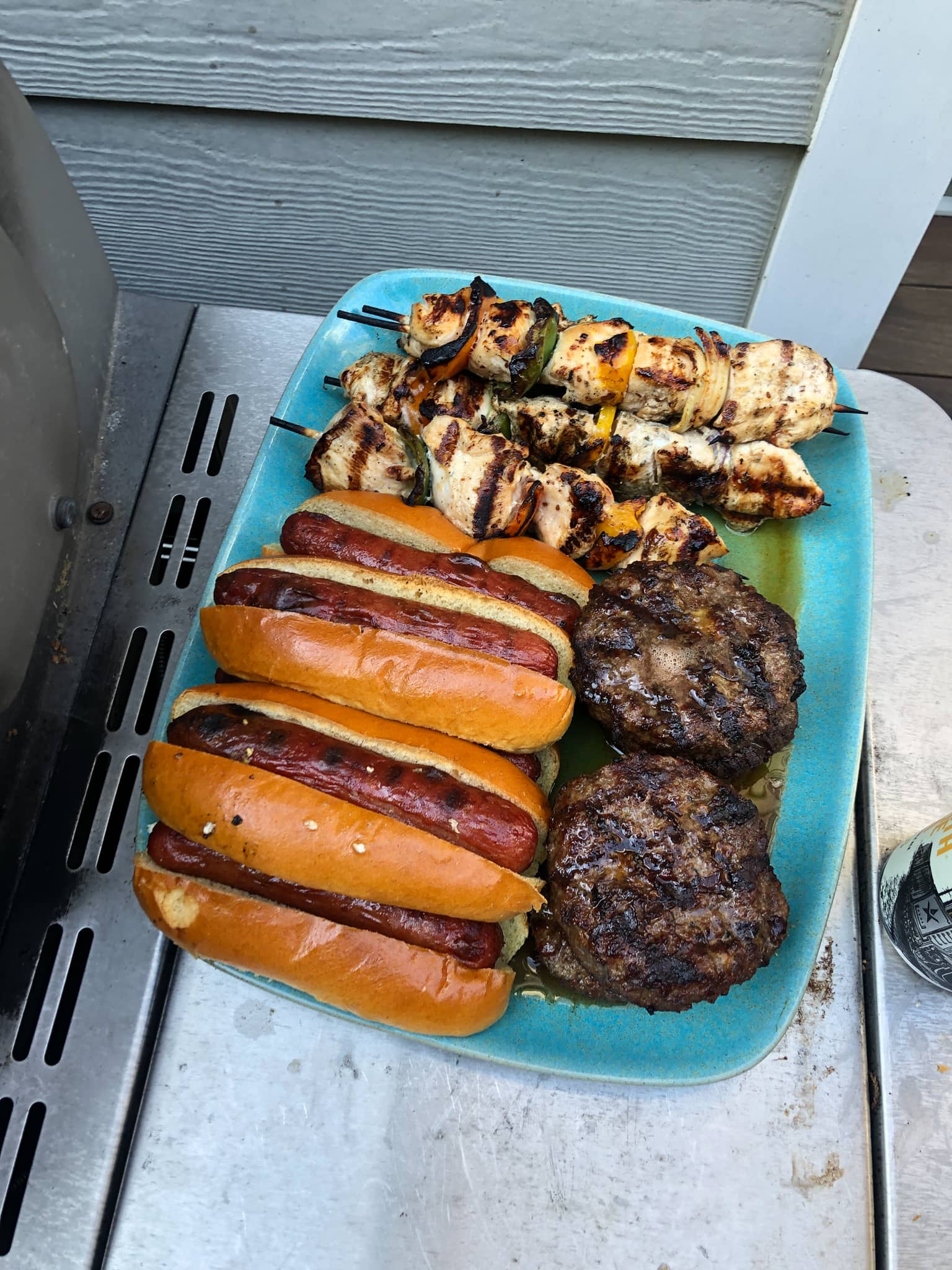burgers, hot dogs, and chicken kabobs