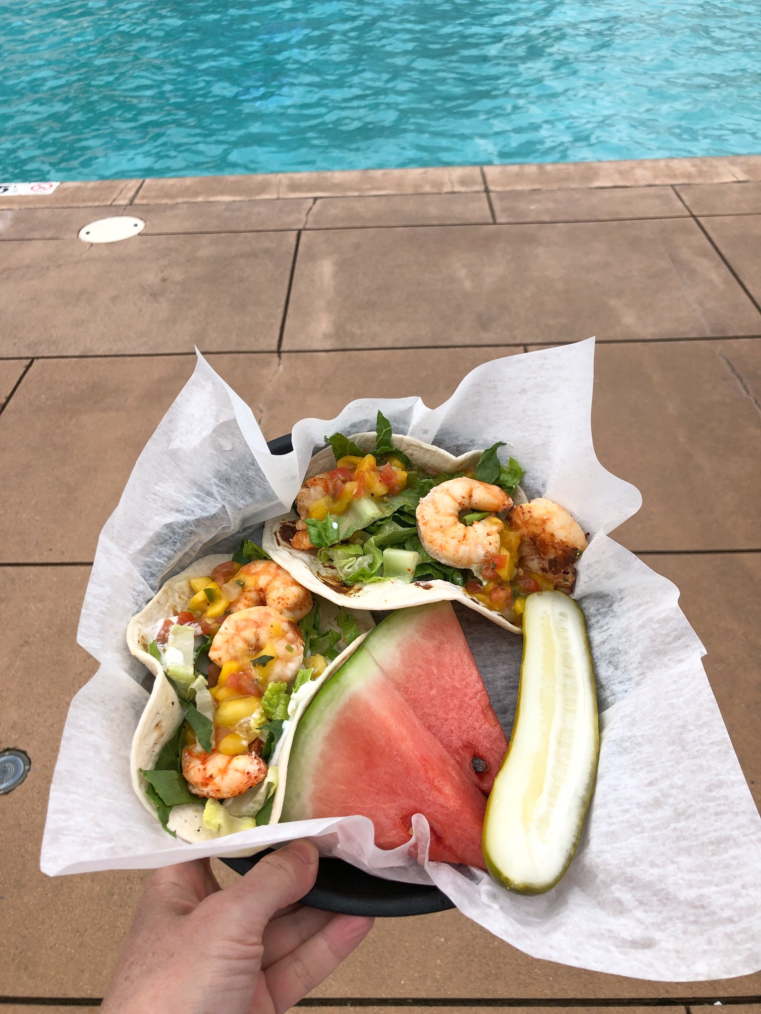 shrimp tacos at the pool