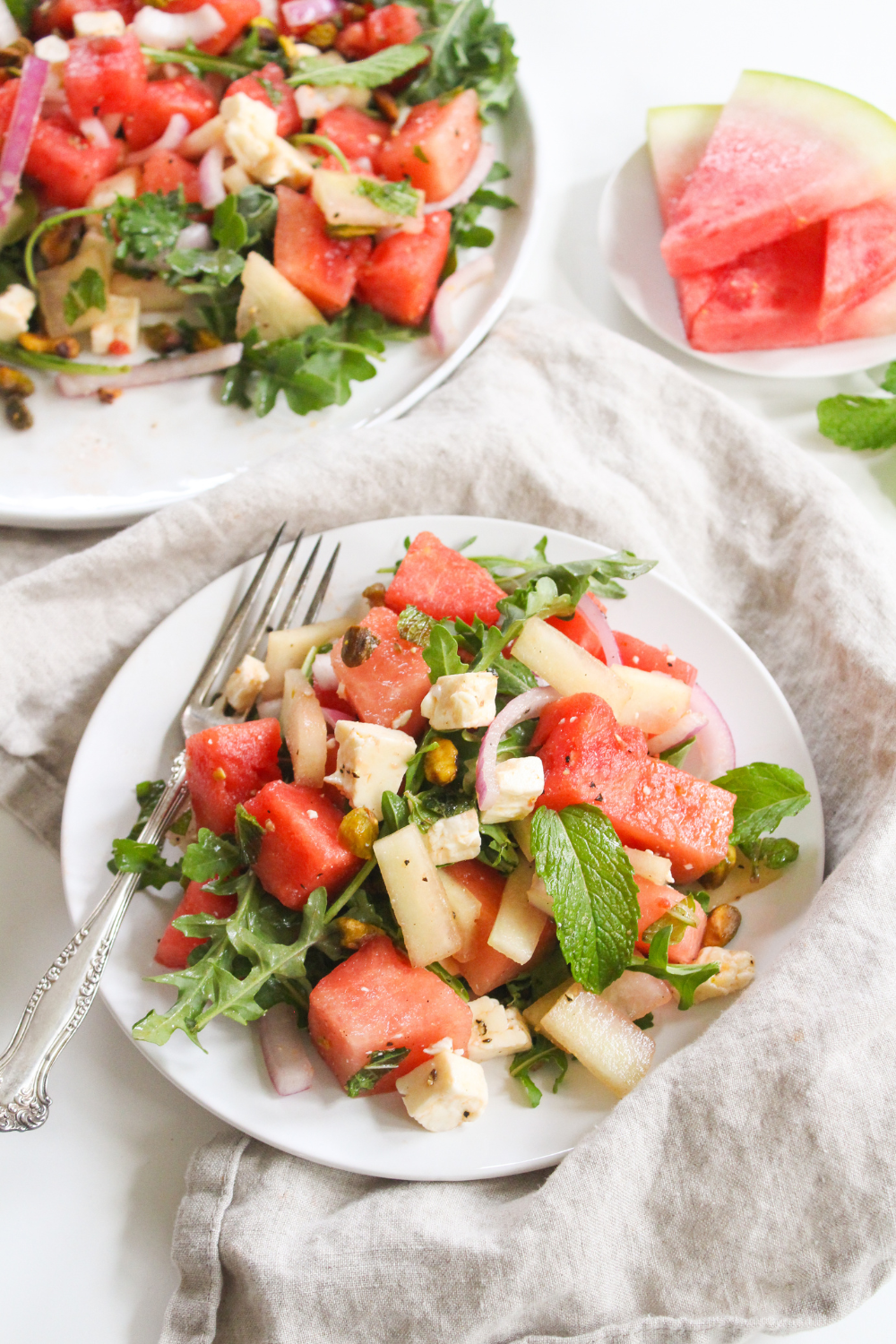 watermelon rind salad with feta and arugula