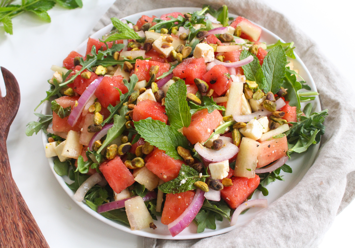 watermelon feta salad with arugula and pistachios