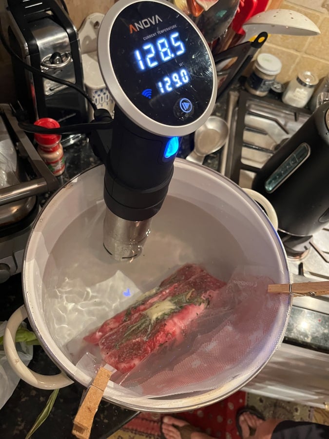 steak cooking in a pot sous vide
