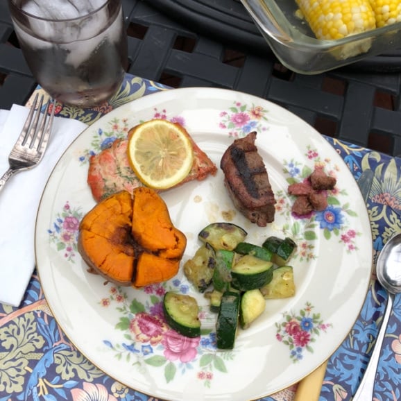 salmon, steak, and vegetables