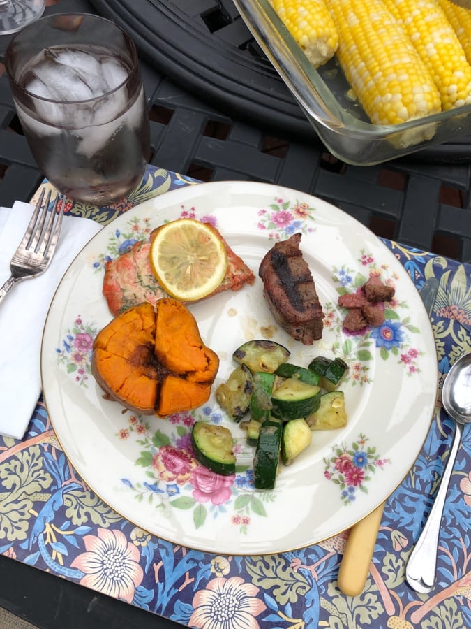 salmon, steak, and vegetables