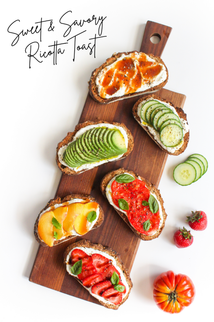 whipped ricotta toast with sweet and savory toppings