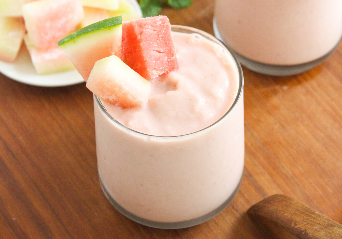 watermelon rind smoothie with summer fruit and fresh mint
