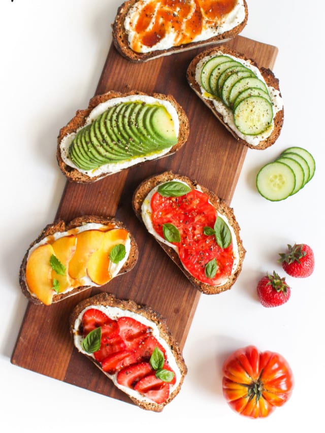 whipped ricotta toast with sweet and savory toppings