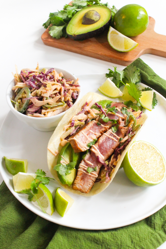 seared tuna tacos with chipotle crema and coleslaw