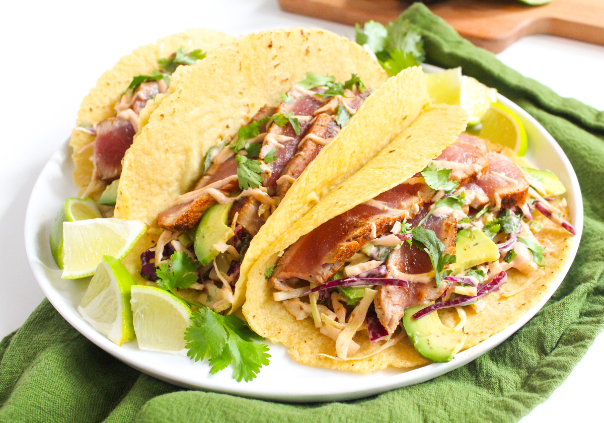 seared ahi tuna tacos with coleslaw