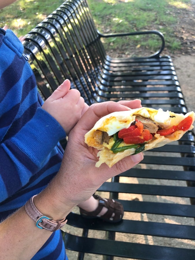 breakfast burrito and park bench