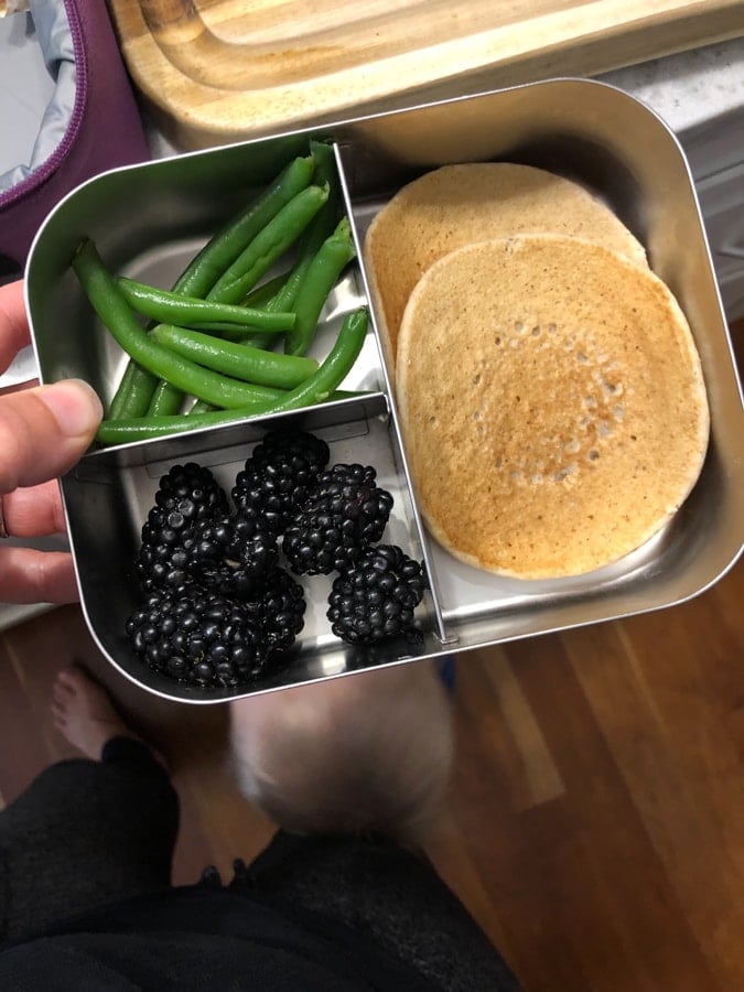 snack box with blackberries, string beans, and pancakes