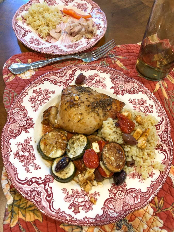 baked chicken thighs with orzo, zucchini, olives, tomato, and feta