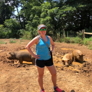 anne mauney with catoctin mountain farm pigs