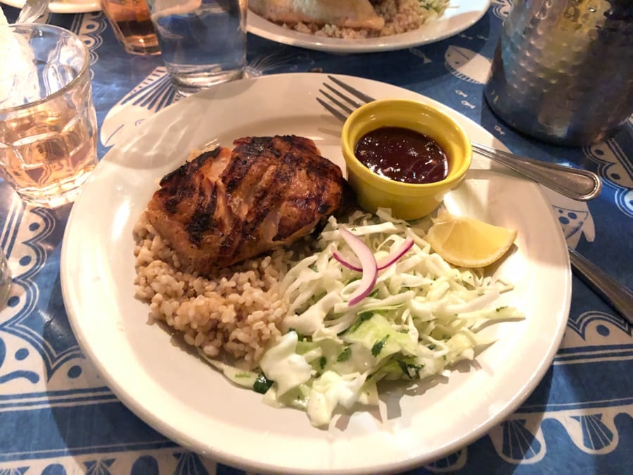 bbq salmon with brown rice and slaw from louisa's cafe in cape may