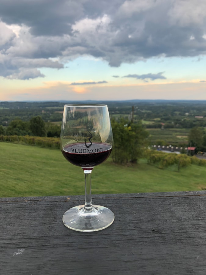 glass of wine with a view of bluemont vineyard