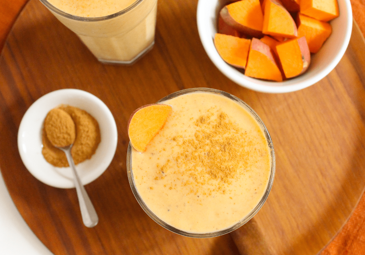 spiced sweet potato smoothie in a glass