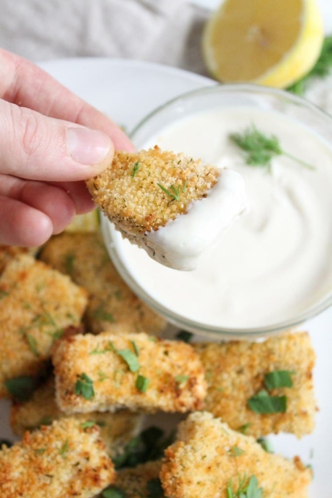 baked salmon bites dipped in honey mustard sauce