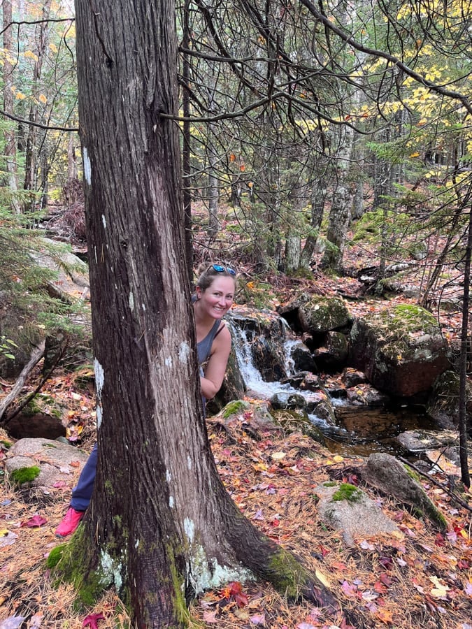 anne mauney hiding behind a tree in acadia 