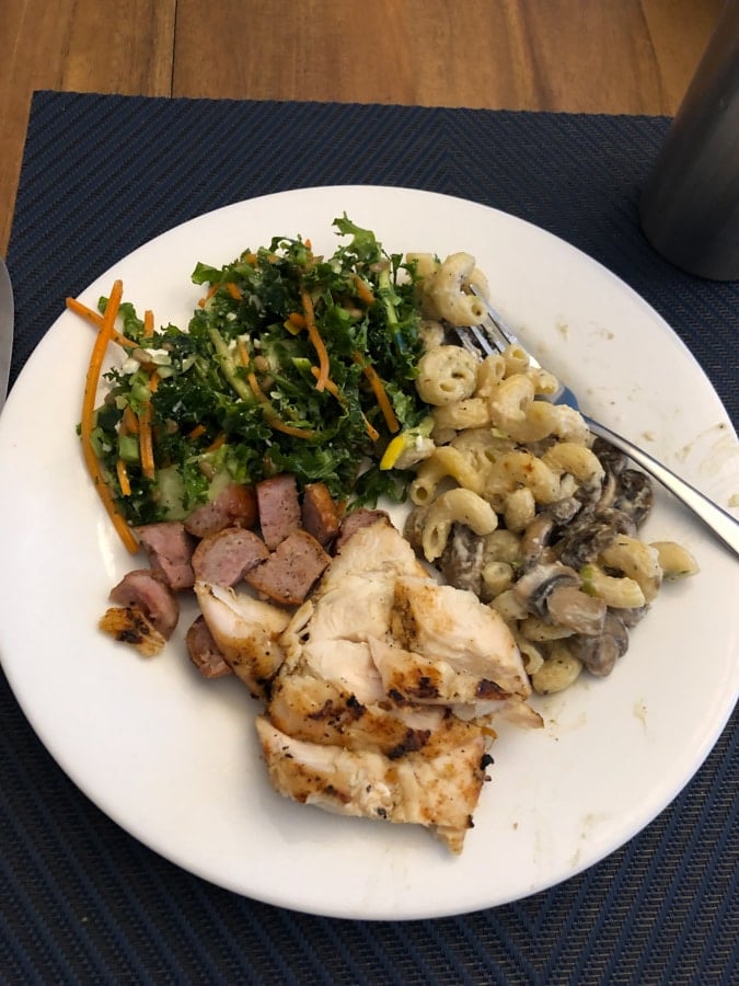 grilled chicken and bratwurst, kale salad, pasta
