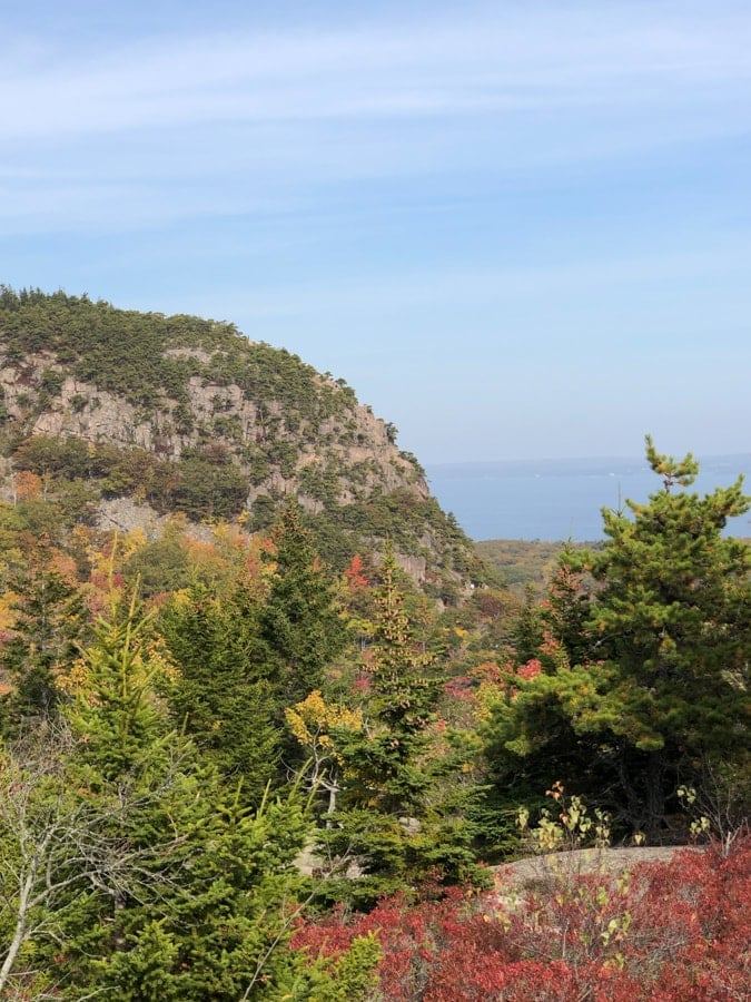 views of the ocean and fall colors hiking gorham mountain trail