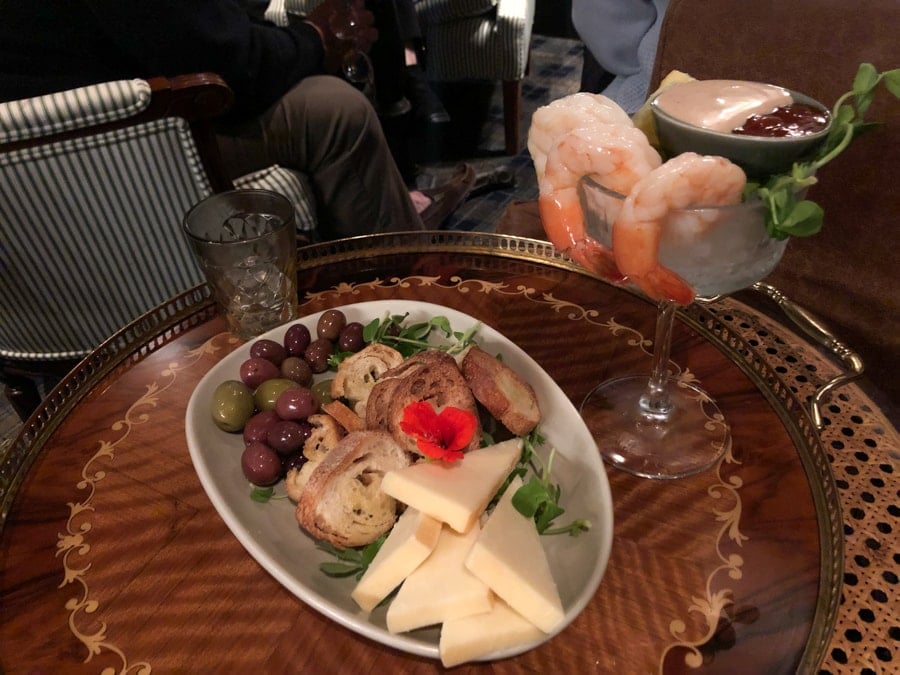 cheese, olives, and shrimp cocktail