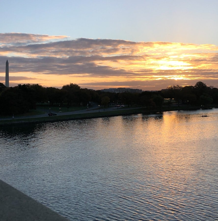 sunrise view from memorial bridge into dc