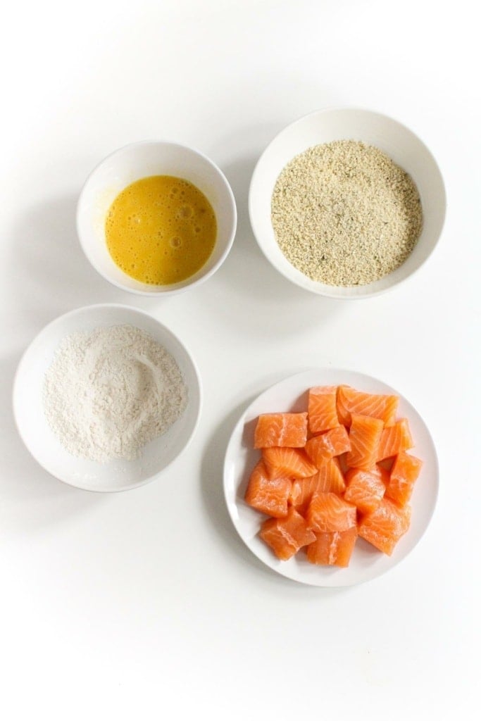 bowls of flour, panko breadcrumbs, and egg