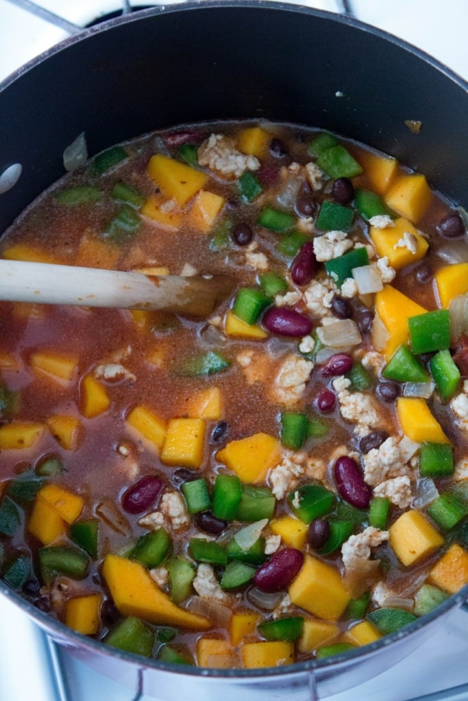 butternut squash, turkey, beans, and vegetables simmering in broth