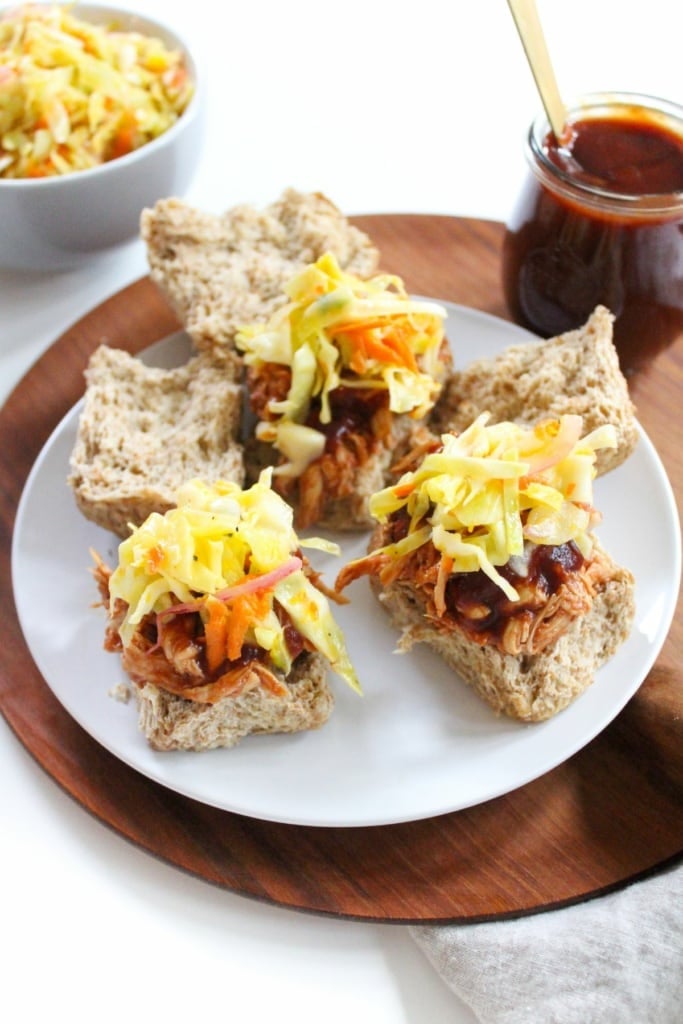 pulled chicken sliders with bbq sauce and coleslaw