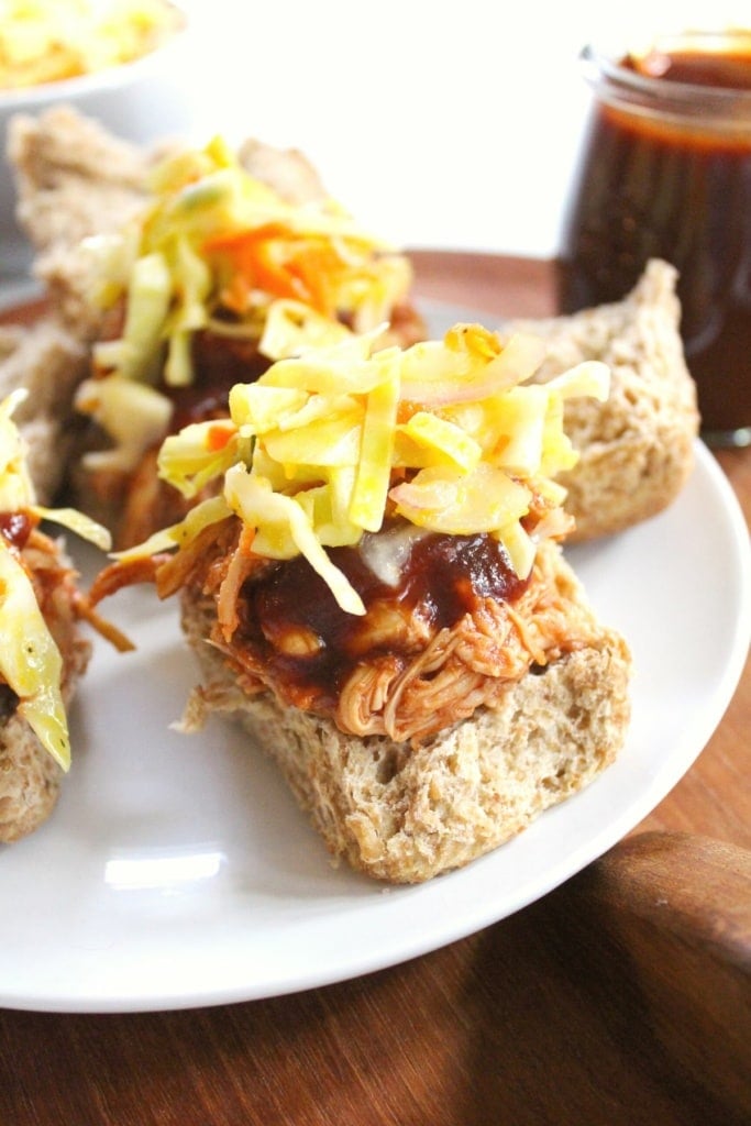 pulled chicken sliders with bbq sauce and coleslaw