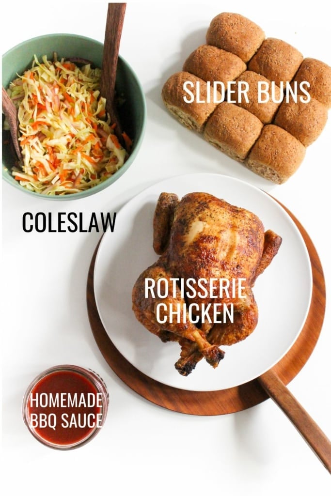 coleslaw, barbecue sauce, slider buns, and rotisserie chicken