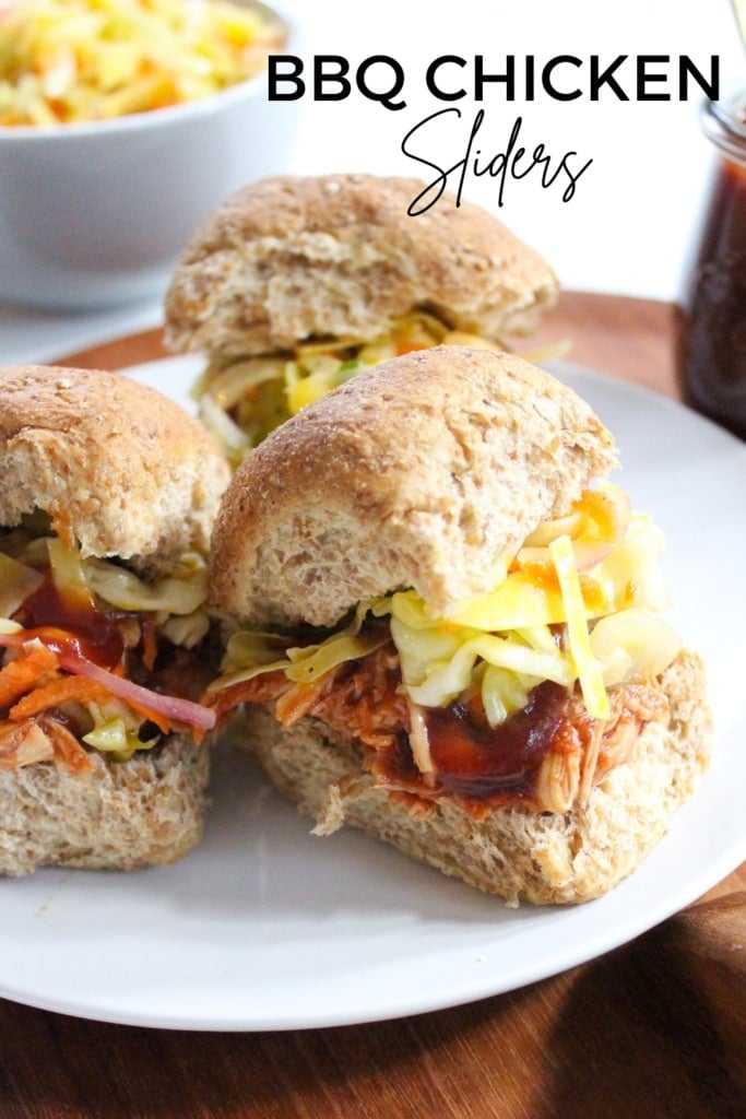 bbq chicken sliders with coleslaw and wheat buns