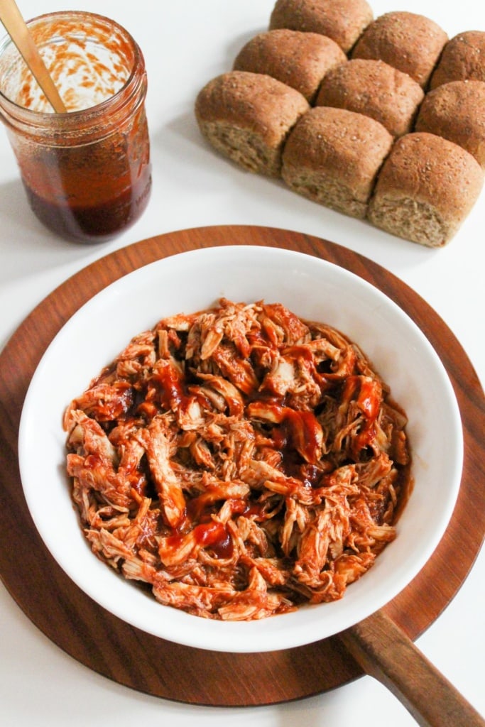 pulled chicken with bbq sauce in a bowl