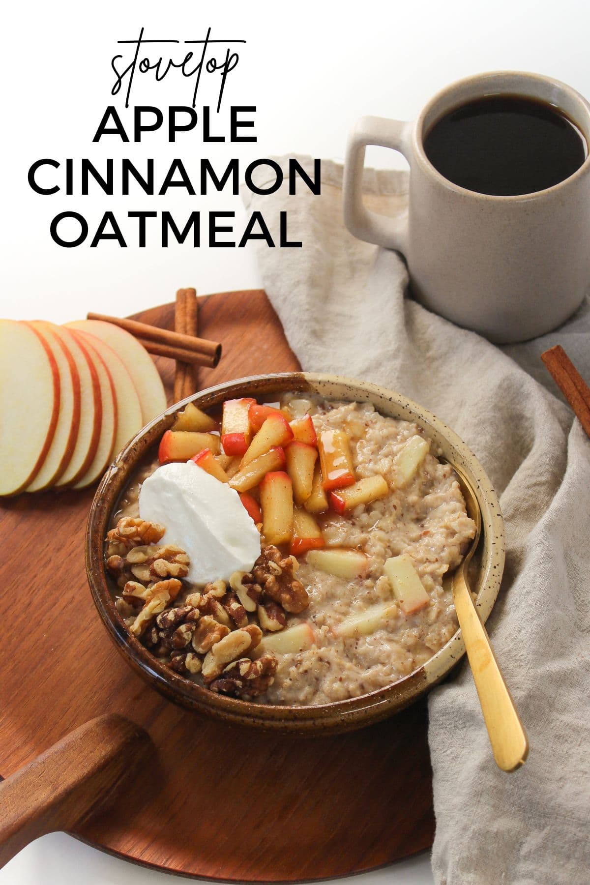 stovetop apple cinnamon oatmeal with yogurt and walnuts in a bowl