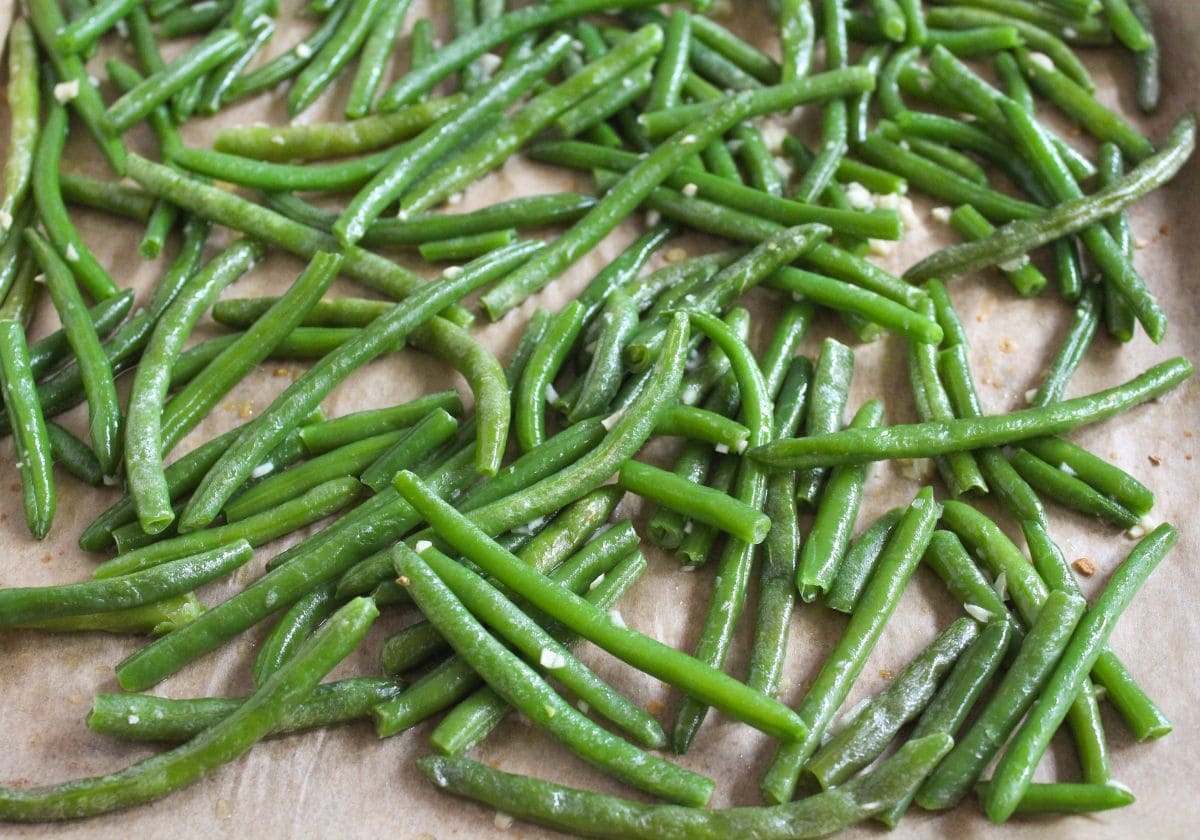 roasted frozen green beans on a sheet pan