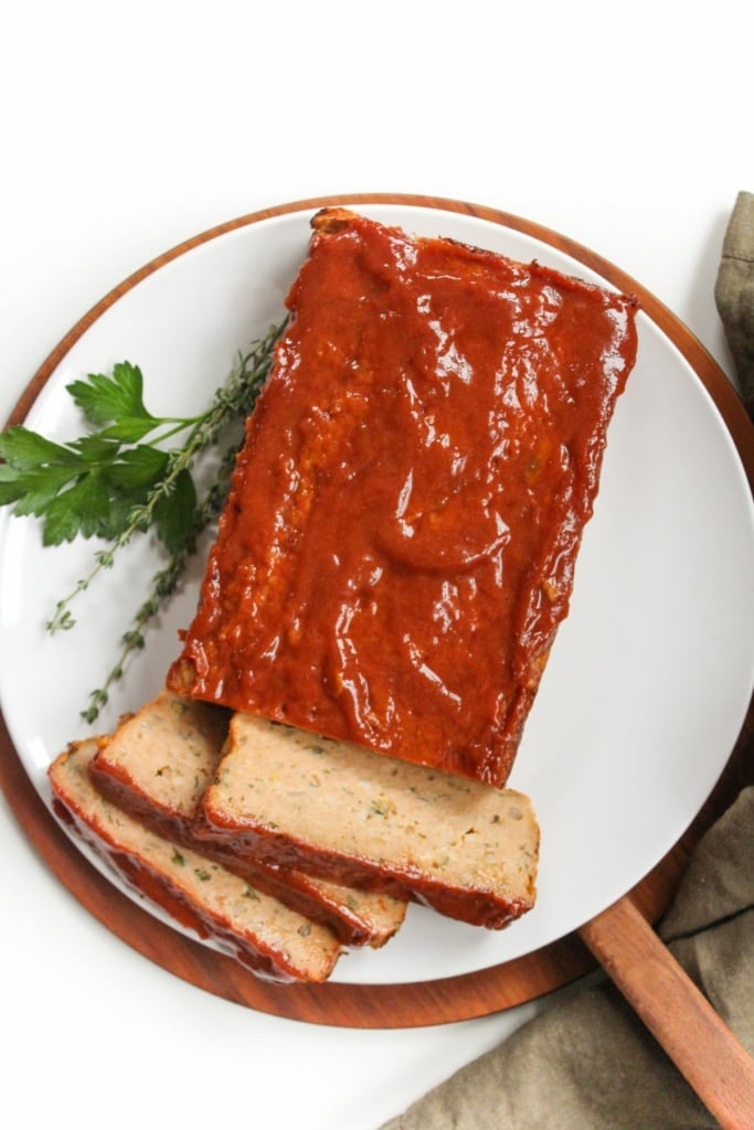 ground chicken meatloaf with glaze on a plate