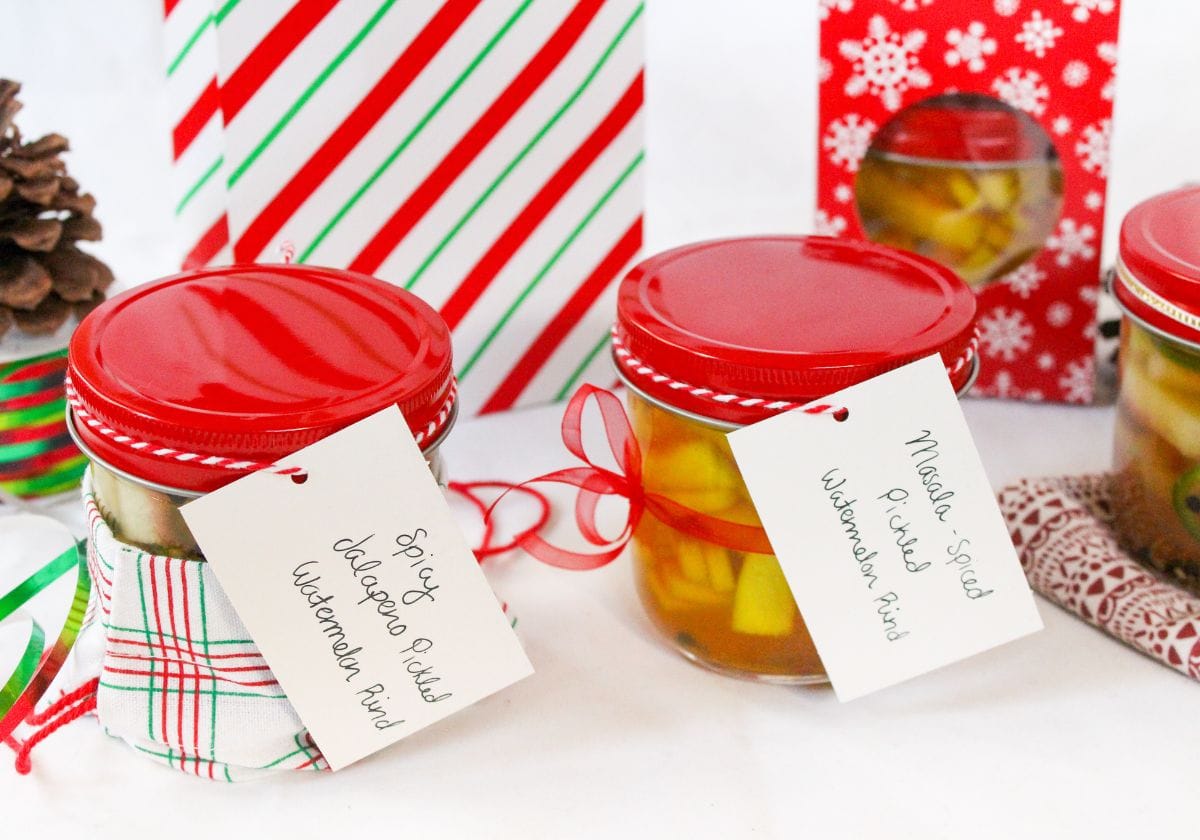 watermelon rind pickles in christmas gift wrap