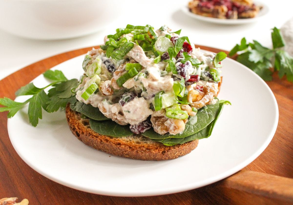 Cranberry and chicken salad with walnuts on a slice of bread