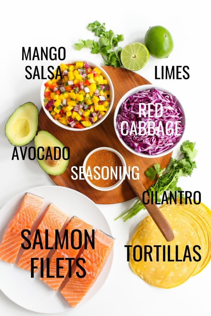 blackened salmon taco ingredients with toppings