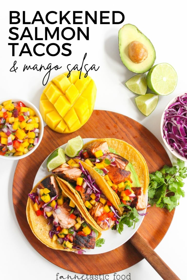 Blackened Salmon Tacos with Mango Salsa (Grilled or Stovetop