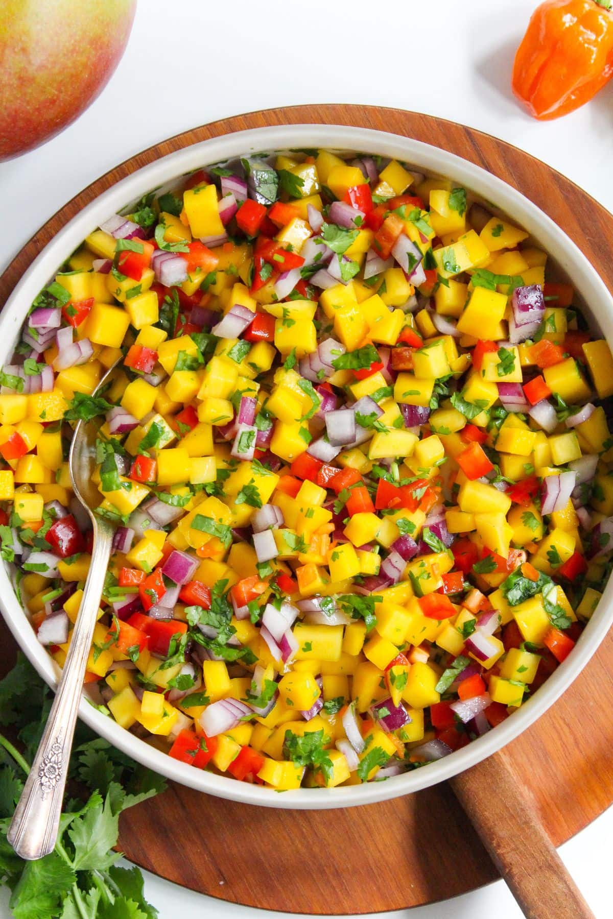 chunky mango habanero salsa in a large bowl