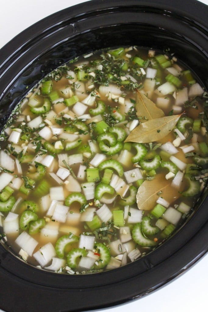 chicken broth and onions in a crockpot