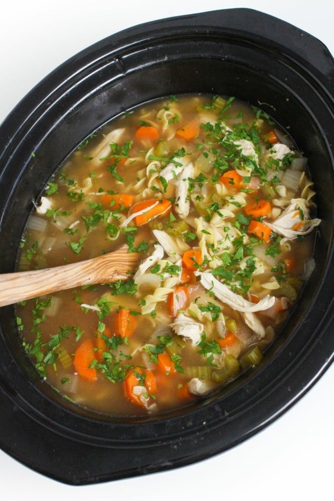 chicken noodle soup in a slow cooker