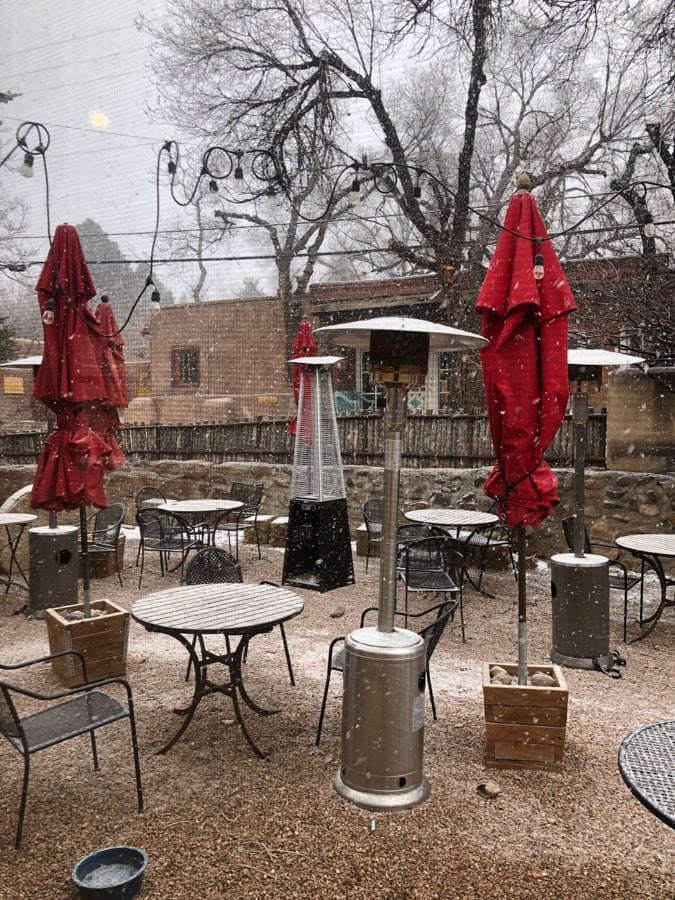 snow outside at the teahouse in santa fe new mexico