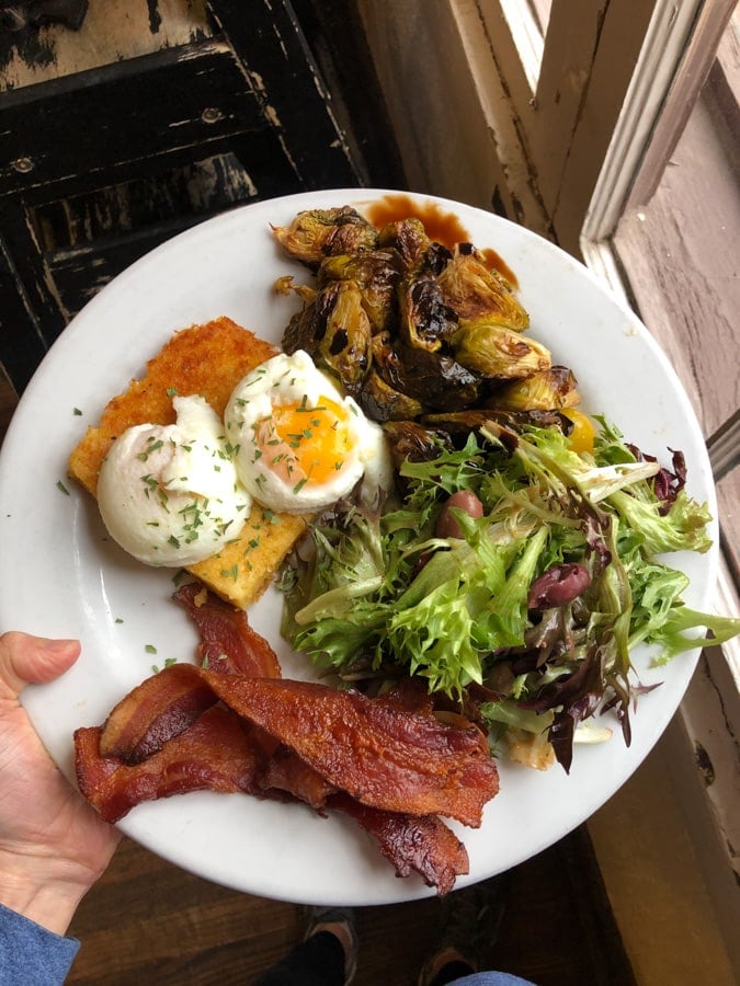 bacon, eggs, brussels sprouts, and polenta