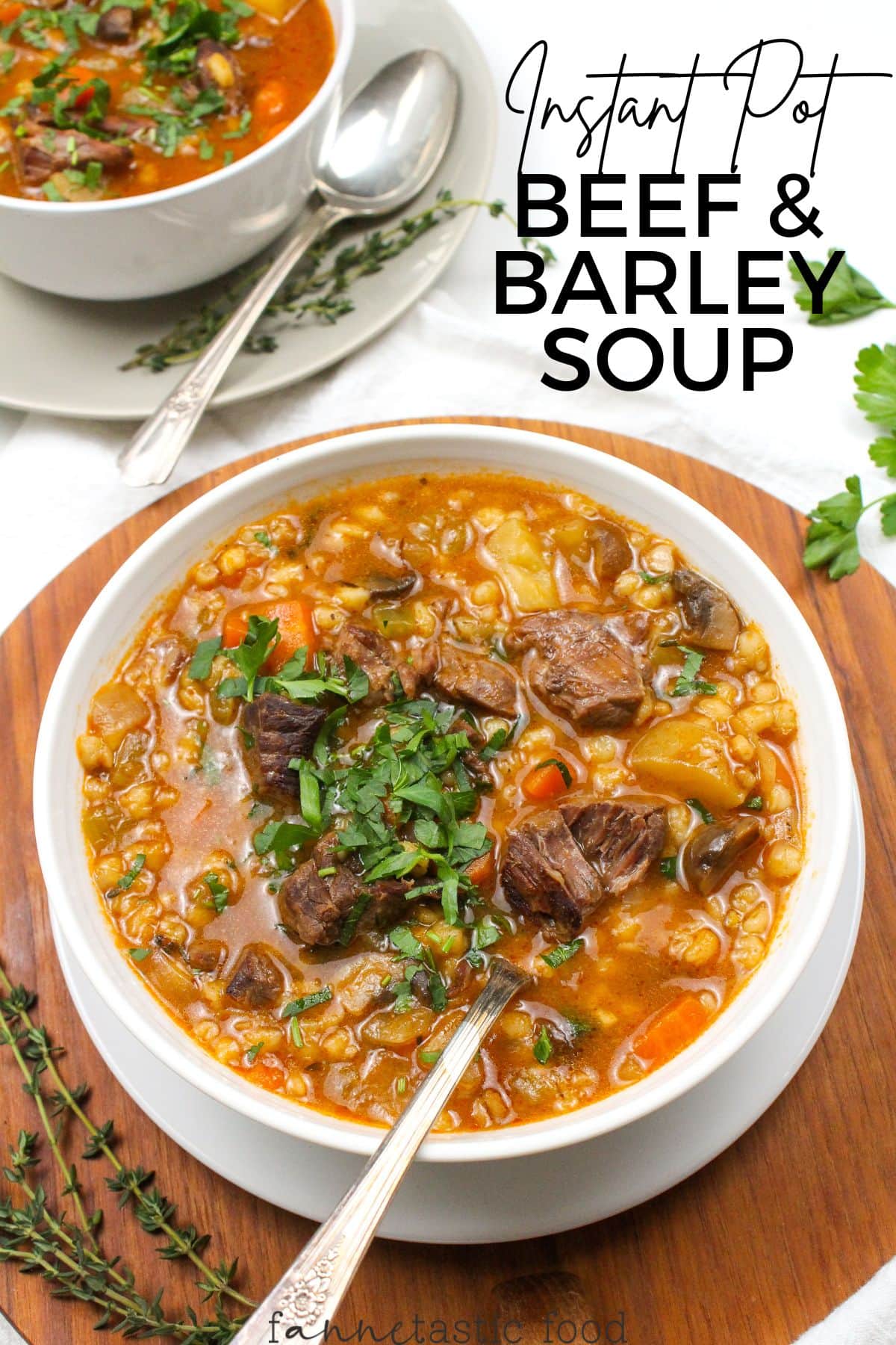 Instant Pot beef and barley soup in a bowl